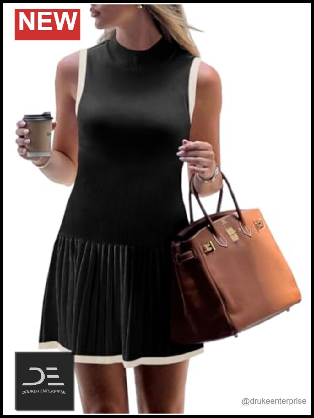 Wenrine Womens Pleated Mini Dress Sleeveless Ribbed Knit Mock Neck Tank Summer